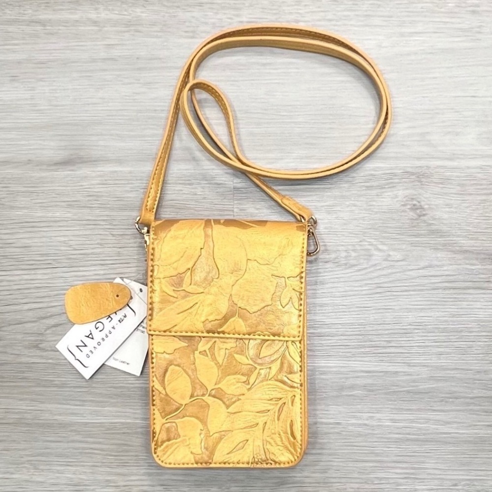SG Embossed‎ Floral Xbody Phone Screen Goldenrod Vegan Leather Pouch Bag NWT